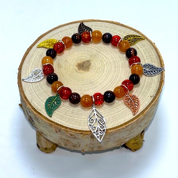 Handmade Leaf Charm Bracelet with Natural Tiger Eye & Sun Stones! - Picture 3 of 13